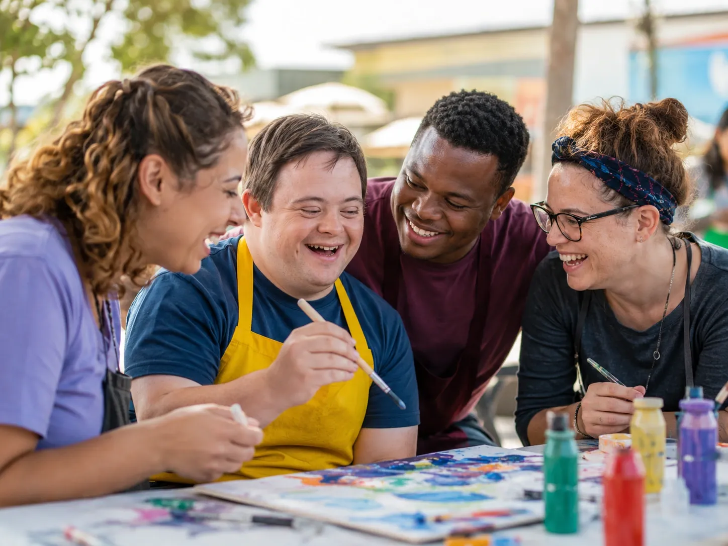 Inclusive community gathering with smiles