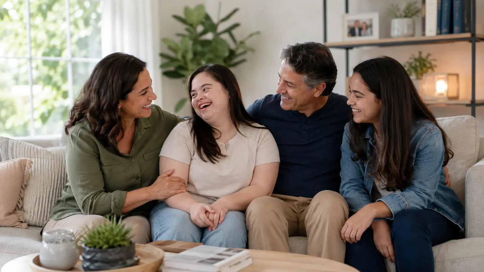 Family and caregiver sharing a warm moment at home