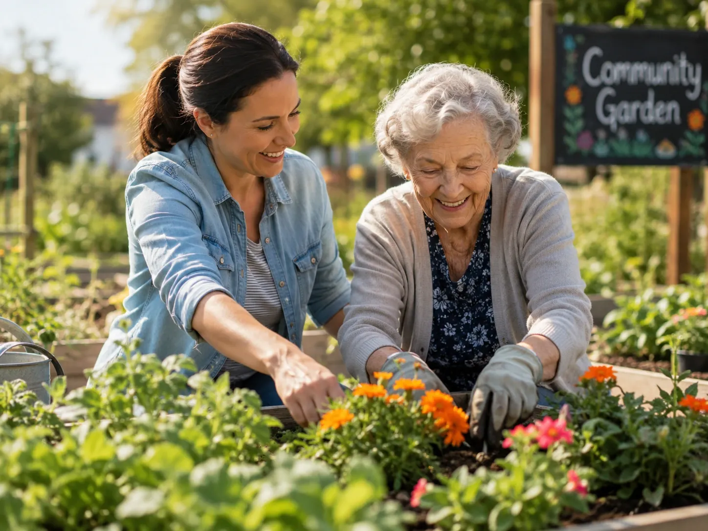 Older adult and caregiver gardening together