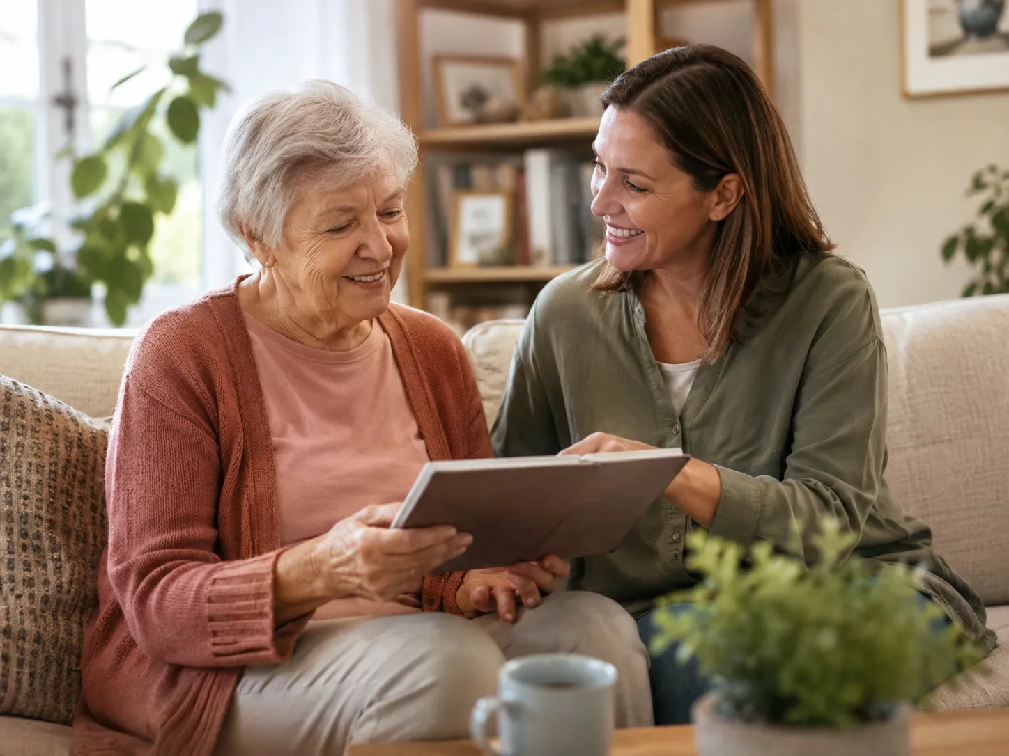 Older adult and caregiver at home